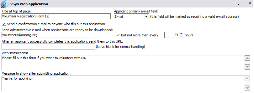 Custom application properties for an application on VSys Web