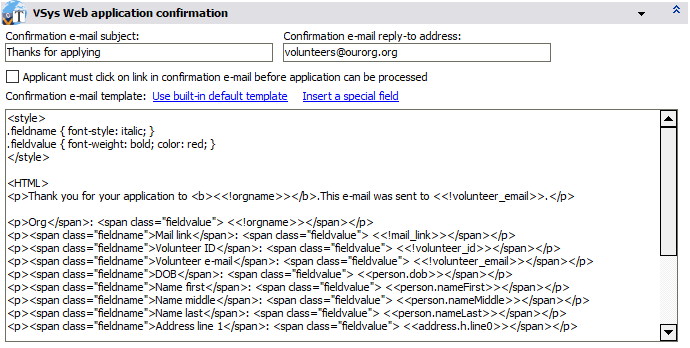 Custom application settings when a form is completed on VSys Web