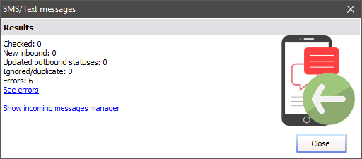 SMS/text message status results window