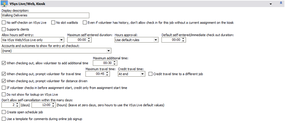 Job properties screen detailing VSys Live/Web, Kiosk options