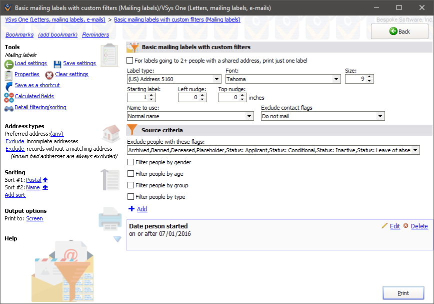 Basic mailing labels with custom filters screen showing added "date started" filter