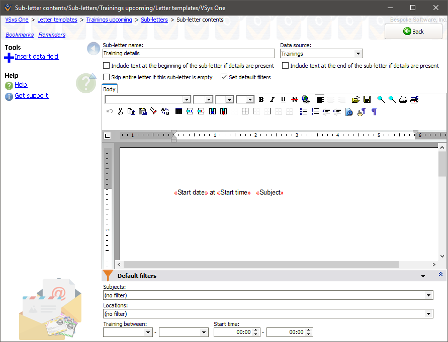 Subletter definition screen showing training details