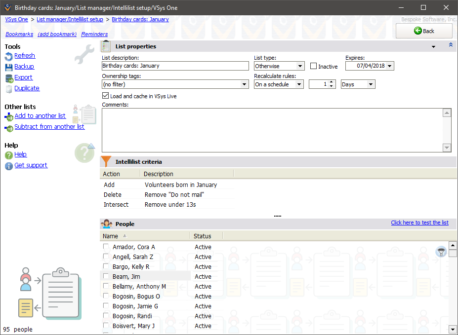 List manager showing the setup of an Intellilist for January birthdays