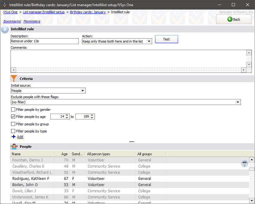 Intellilist criteria window showing the removal of persons under the age of 13