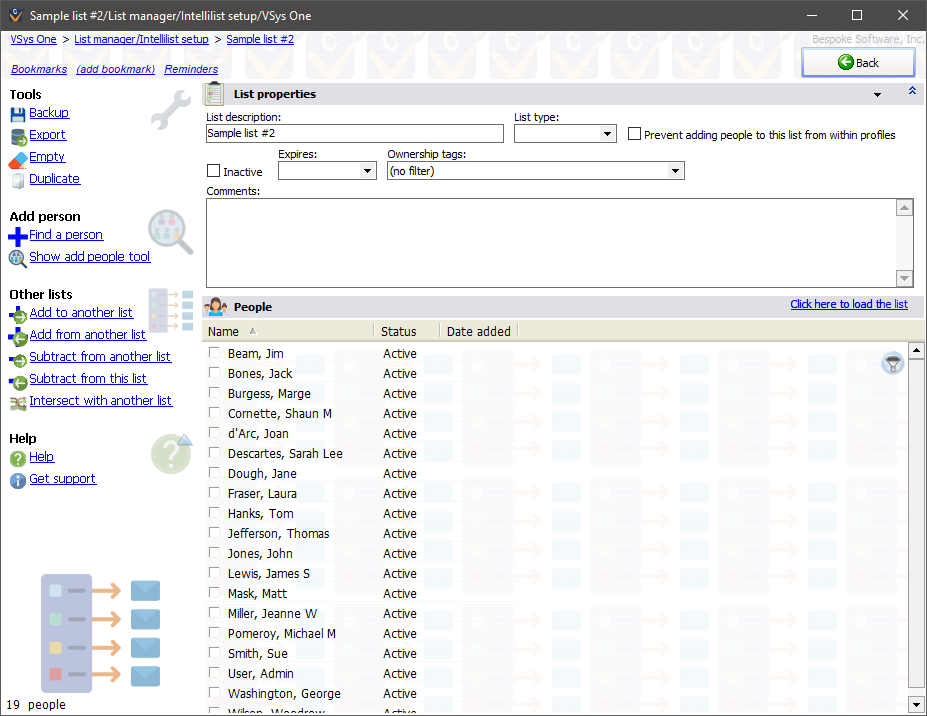 List manager screen showing a standard list