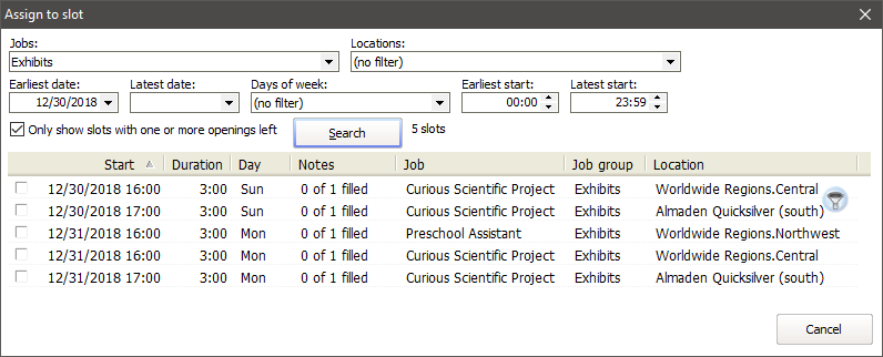 Assign to slot window showing available job slots