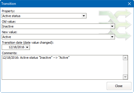 Transition window showing transition in active status