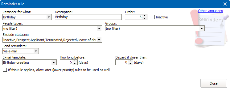 Sample reminder rule window for a birthday reminder