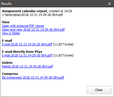 Assignment calendars (RTF) reports results window