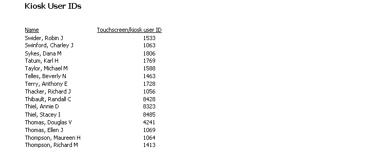 Sample Custom Column Report: Kiosk user IDs