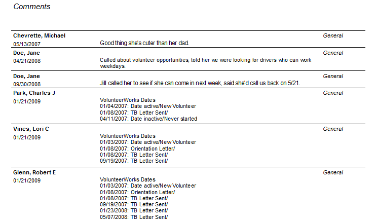 Sample Comments Report