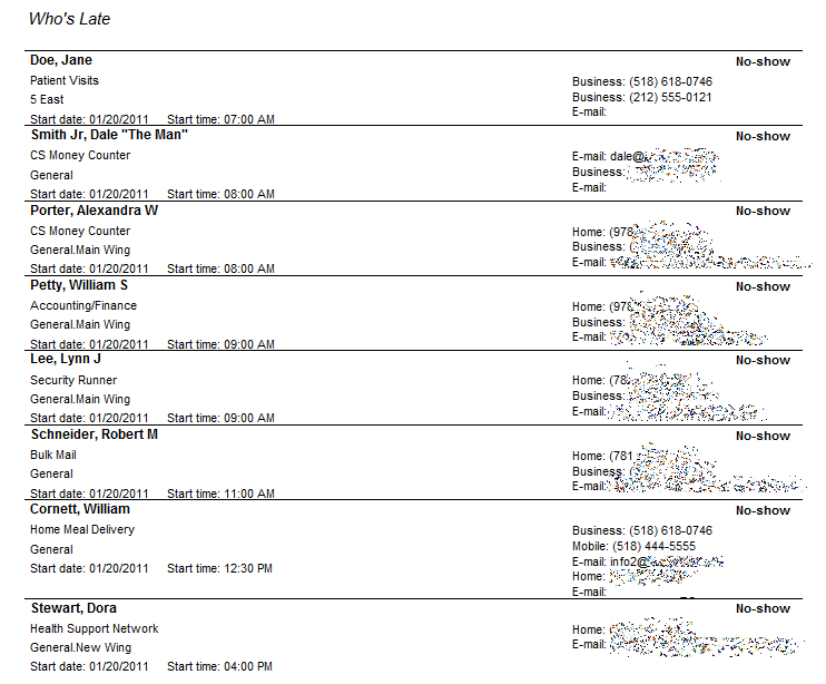 Sample Late/No-show Report